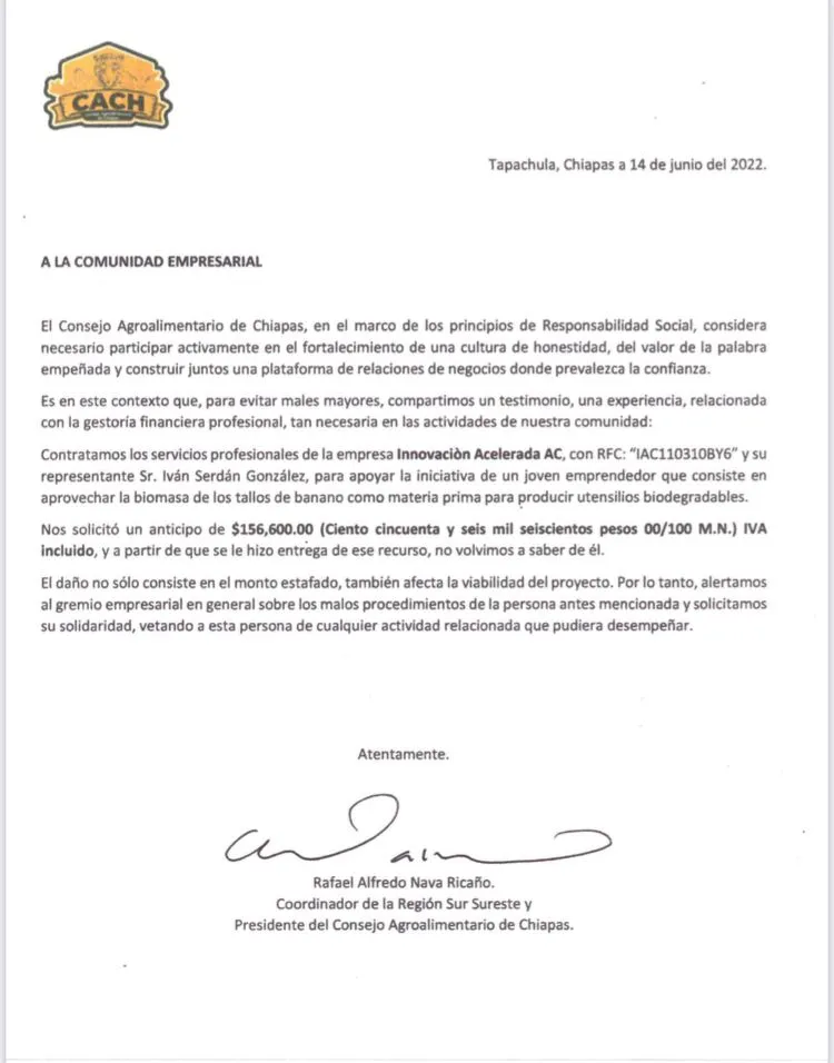 Alertan A La Comunidad Empresarial De Chiapas Sobre Actos Fraudulentos