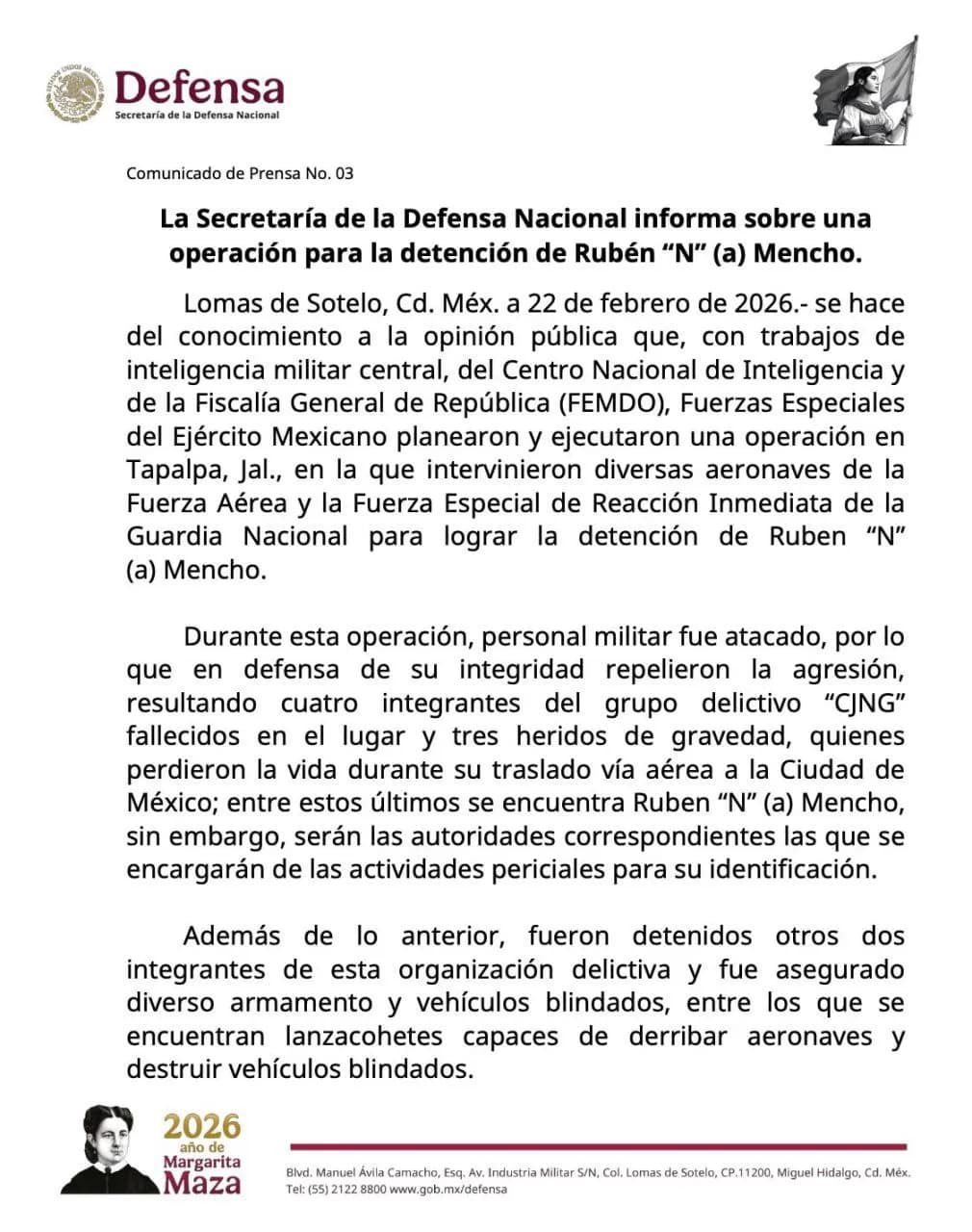 La Secretaría de la Defensa Nacional informa sobre una operación para la detención de Rubén “N” (a) Mencho