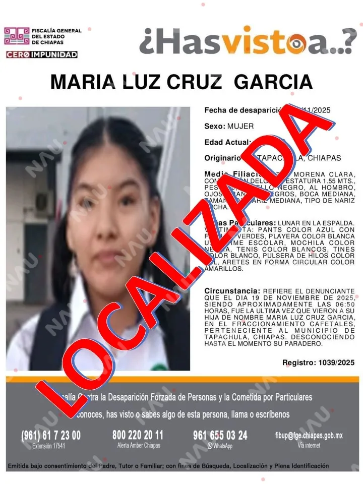 Localizan sana y salva a joven de 16 años reportada como desaparecida en Tapachula; detienen a un joven