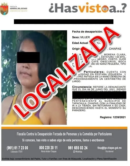 Localiza FGE en Suchiate a menor de edad con reporte de extravío en Tapachula