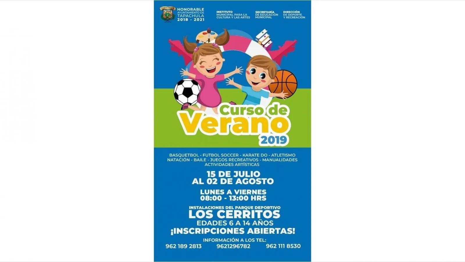Invitan al curso de verano 2019, del 15 de julio al 2 de agosto en el parque deportivo los “Cerritos”