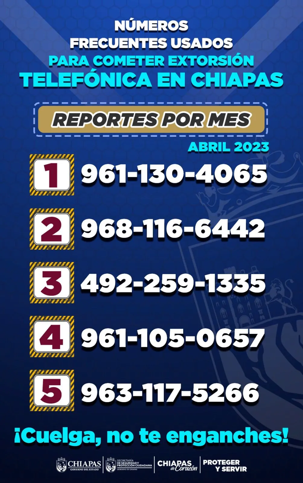 Alerta SSyPC de números telefónicos con más reportes de extorsión en Chiapas