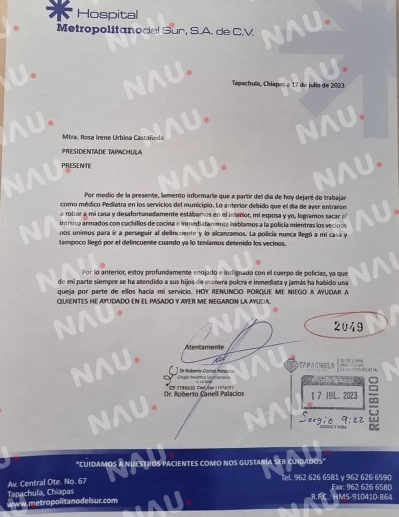 Renuncia médico al sector salud municipal