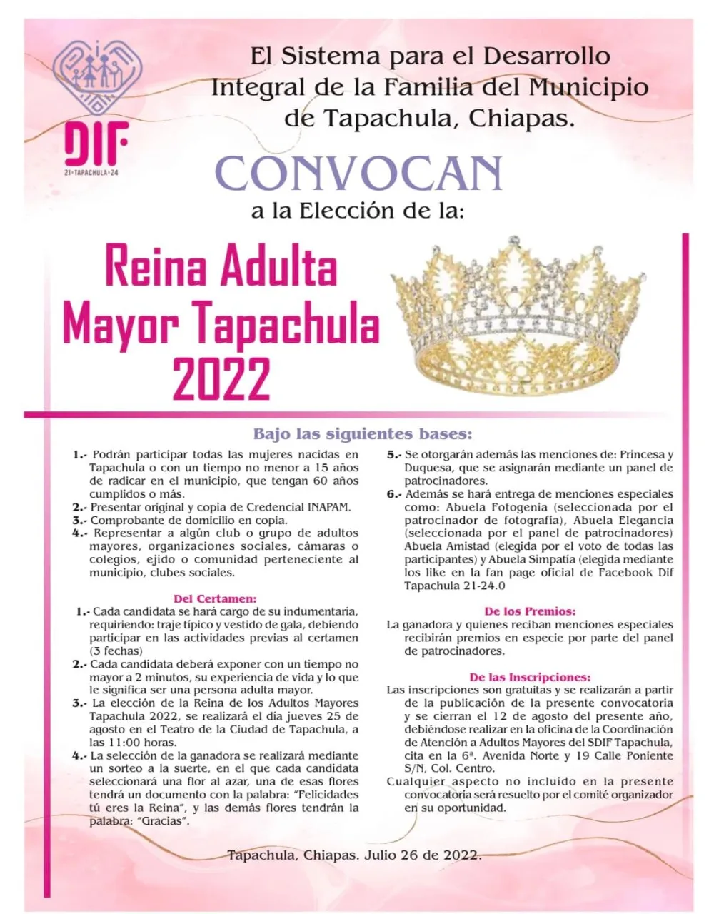 DIF TAPACHULA CONVOCA A ELECCIÓN DE REINA DEL ADULTO MAYOR 2022