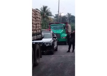 Retienen camiones pesados cargados con cemento en Tuxtla Chico