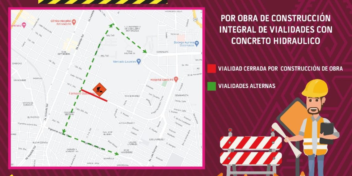 POR OBRAS INTEGRALES DE PAVIMENTACIÓN, DRENAJE Y AGUA POTABLE SE CERRARÁ LA 18ª. CALLE ORIENTE ENTRE 13ª. AVENIDA SUR Y RIO TEXCUYUAPAN