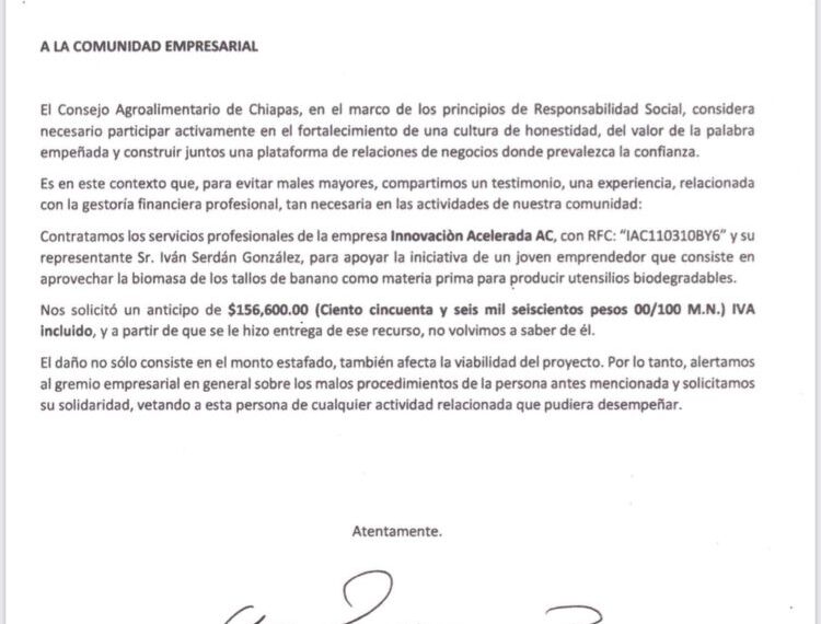 Alertan A La Comunidad Empresarial De Chiapas Sobre Actos Fraudulentos