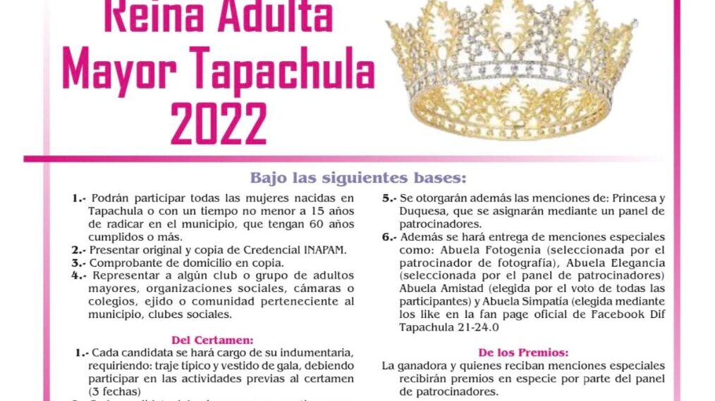 DIF TAPACHULA CONVOCA A ELECCIÓN DE REINA DEL ADULTO MAYOR 2022