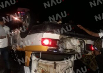 Vuelca taxi al estrellarse contra una vaca que cayó de un tráiler