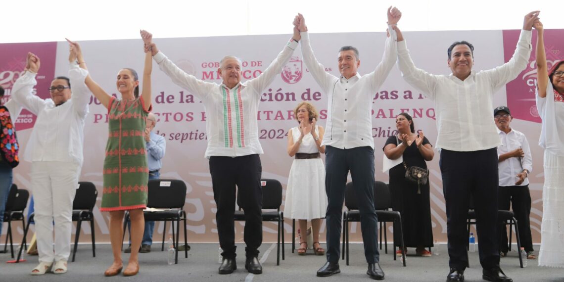 Desde Palenque, AMLO, Claudia Sheinbaum y Rutilio Escandón conmemoran el Bicentenario de la Federación de Chiapas a México