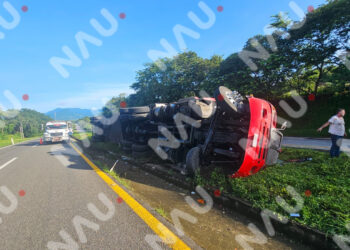 Pesado tráiler vuelca en la carretera costera entre Pijijiapan y MapastepecNo hubo heridos; la vía permaneció parcialmente bloqueada varias horas