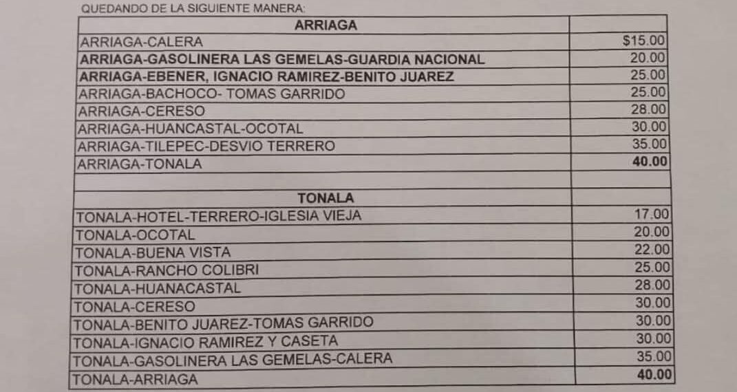 Transportistas de la ruta Tonalá–Arriaga anuncian incremento en el costo del pasaje