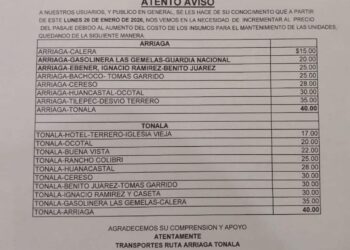 Transportistas de la ruta Tonalá–Arriaga anuncian incremento en el costo del pasaje