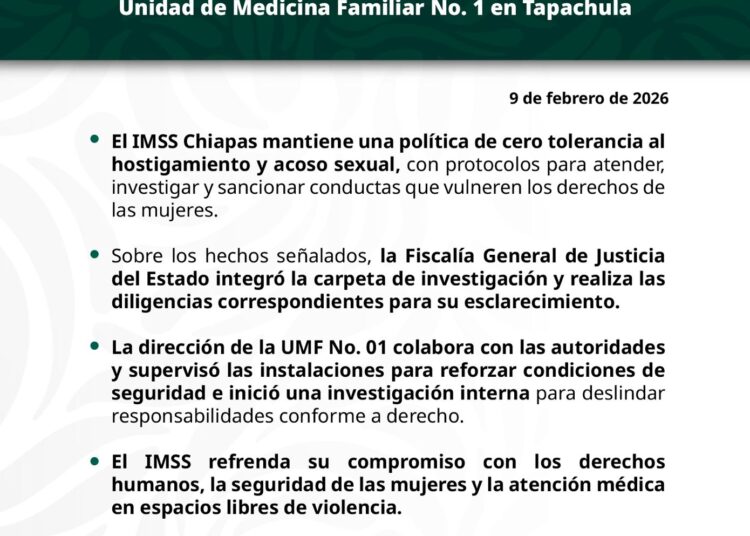 IMSS Chiapas emite posicionamiento sobre hechos en UMF No. 1 de Tapachula