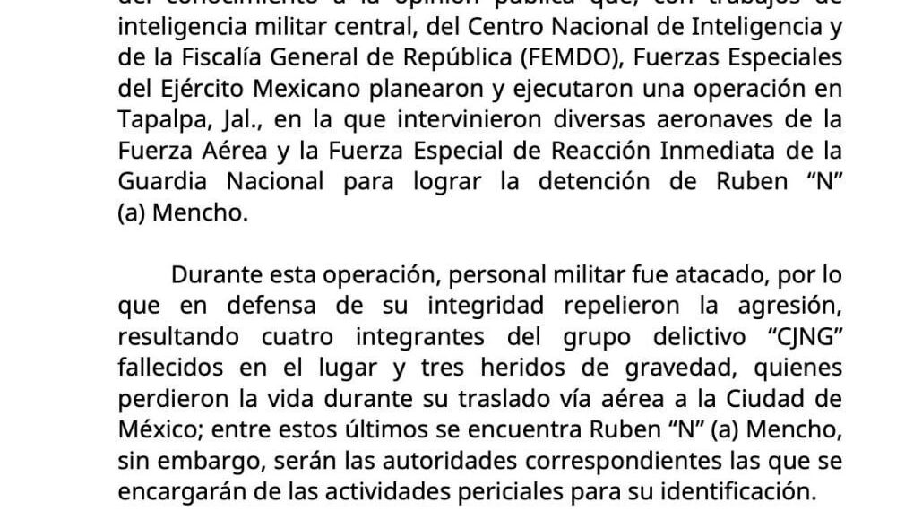 La Secretaría de la Defensa Nacional informa sobre una operación para la detención de Rubén “N” (a) Mencho