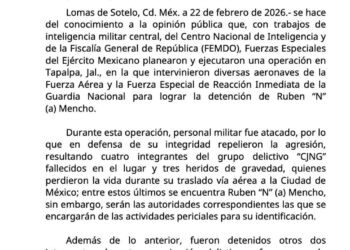 La Secretaría de la Defensa Nacional informa sobre una operación para la detención de Rubén “N” (a) Mencho