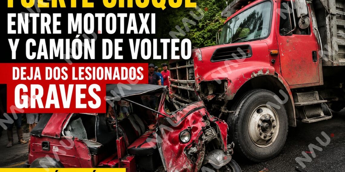 Fuerte choque entre mototaxi y camión de volteo deja dos lesionados graves en Unión Juárez