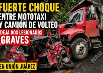 Fuerte choque entre mototaxi y camión de volteo deja dos lesionados graves en Unión Juárez