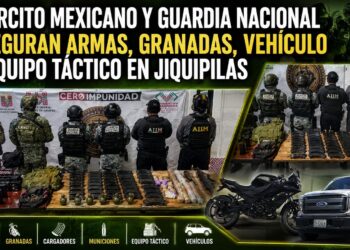 Ejército Mexicano y Guardia Nacional aseguran armas, granadas, vehículo y equipo táctico en Jiquipilas