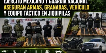 Ejército Mexicano y Guardia Nacional aseguran armas, granadas, vehículo y equipo táctico en Jiquipilas