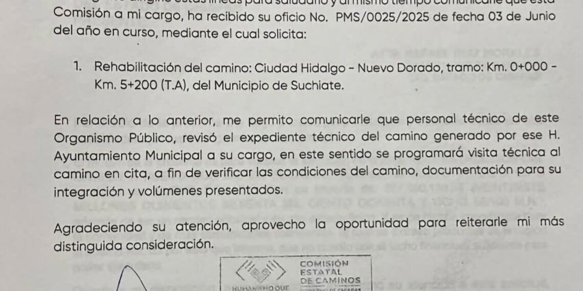 Avanza gestión para rehabilitar la carretera Campito–Dorado Nuevo en Suchiate
