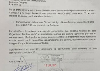 Avanza gestión para rehabilitar la carretera Campito–Dorado Nuevo en Suchiate