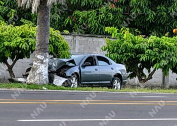 Vehículo queda destrozado tras chocar contra una palmera en la carretera a Puerto Madero